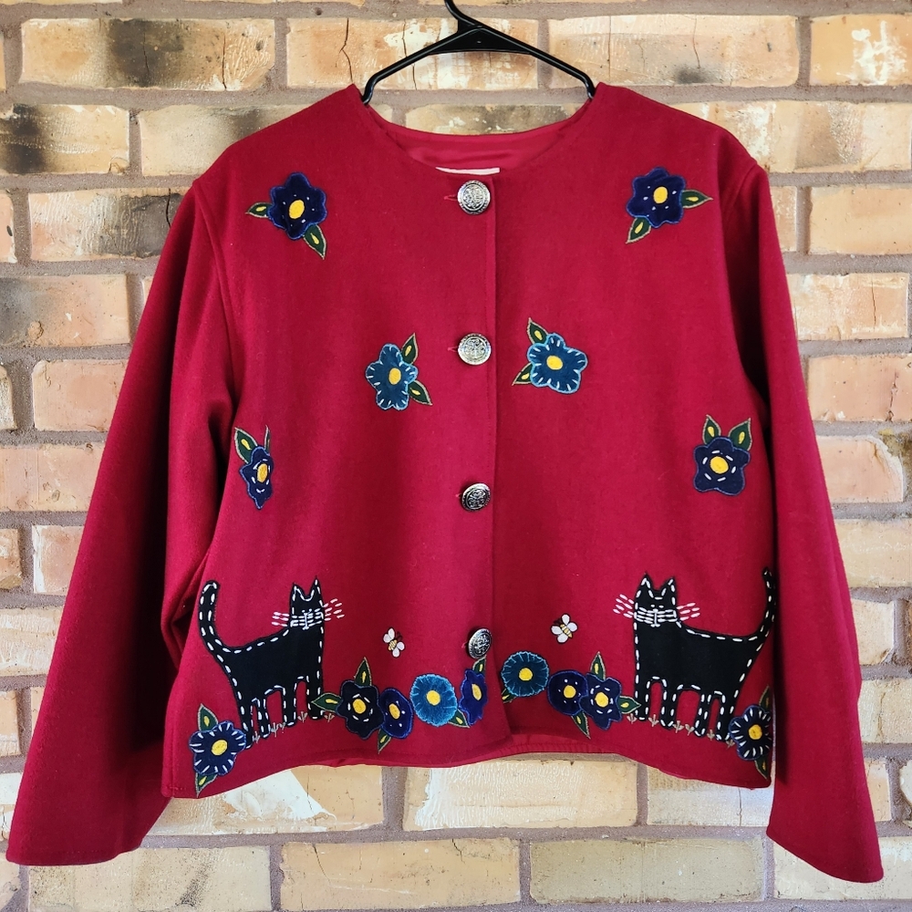 Vintage Cat Red Wool Blend Embroidered Jacket Cottagecore